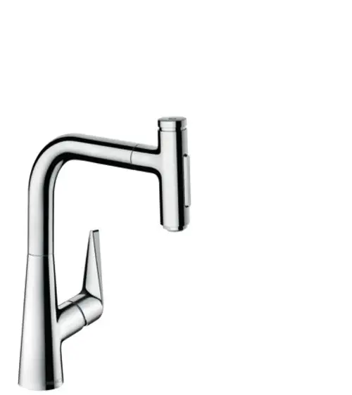 Spültischmischer von Hansgrohe mit einem ausziehbaren Schlauch und zwei Strahlarten, in verchromter Oberfläche, geeignet für Koch- und Spülbereiche.